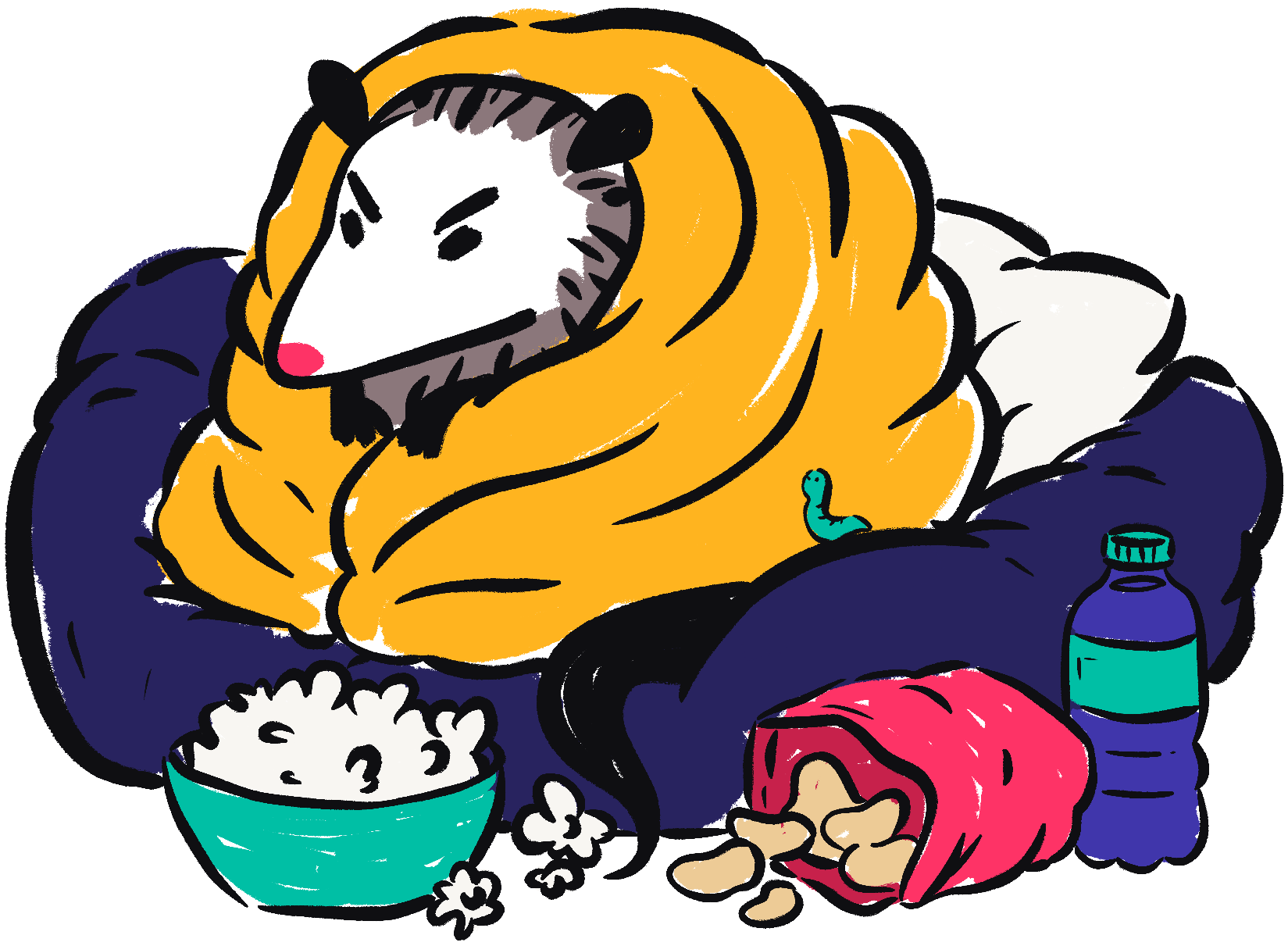 hero-possum-01 Illustration of an angry possum wrapped up in a blanket surrounded by snacks on a couch